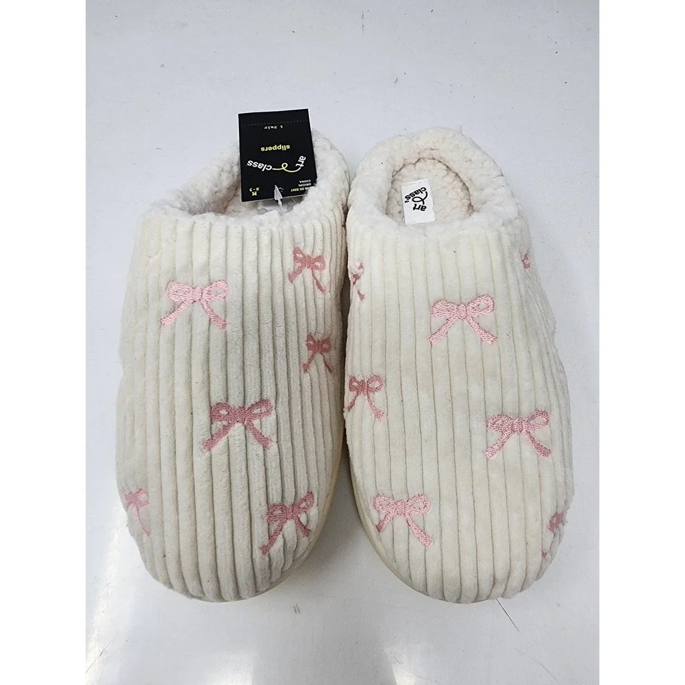 Art Class Landry Bow Slippers Off-White Pink Bows Girls Size M 2-3 New